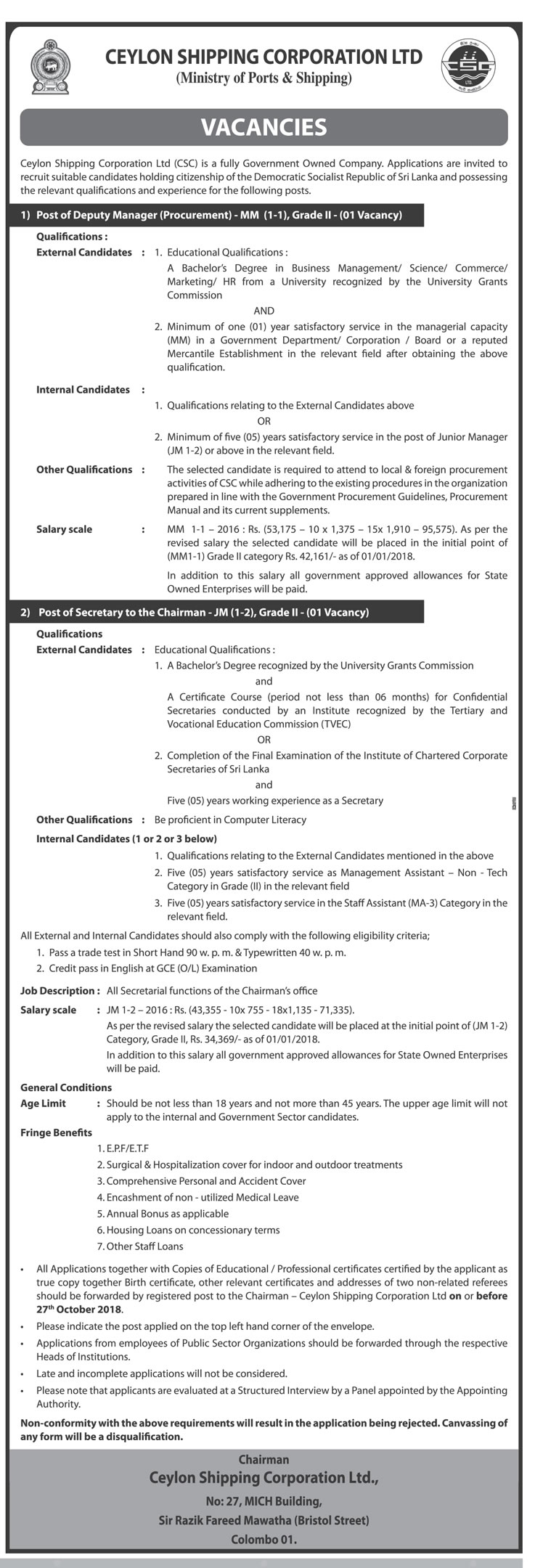 Deputy Manager (Procurement), Secretary - Ceylon Shipping Corporation Ltd